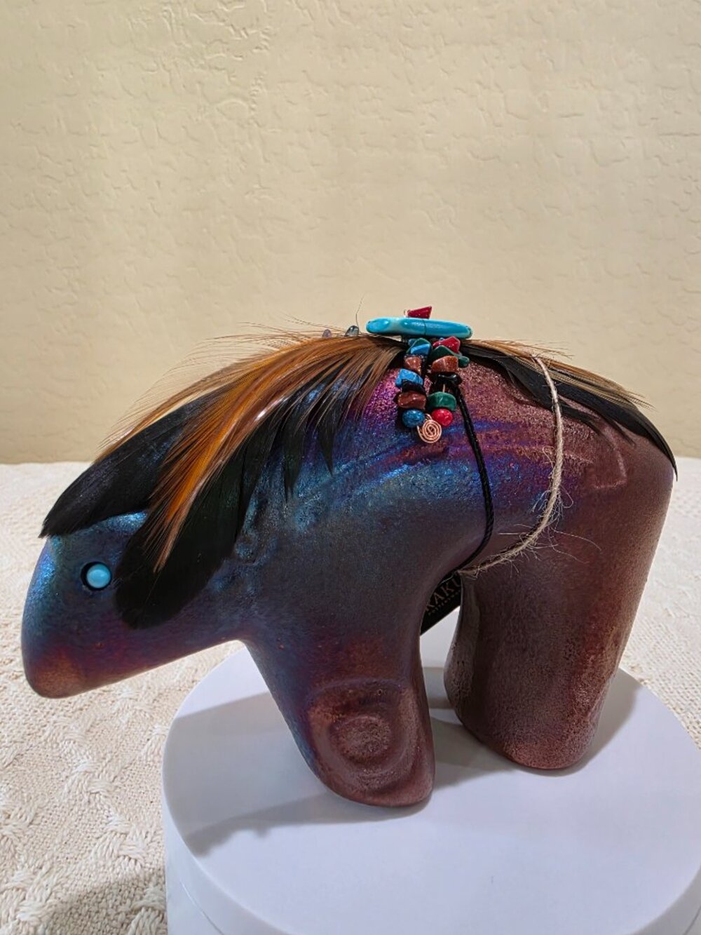 Jeremy Diller Raku Pottery Spirit Bear Fetish Figurine Turquoise Eye Feathers B4